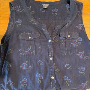 Eddie Bauer Navy Floral Button Sleeveless  sz M tall